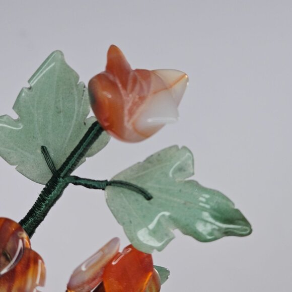 Vintage Chinese Jade Bonsai Tree Carved Carnelian Gemstone Brass Planter - Picture 8 of 9